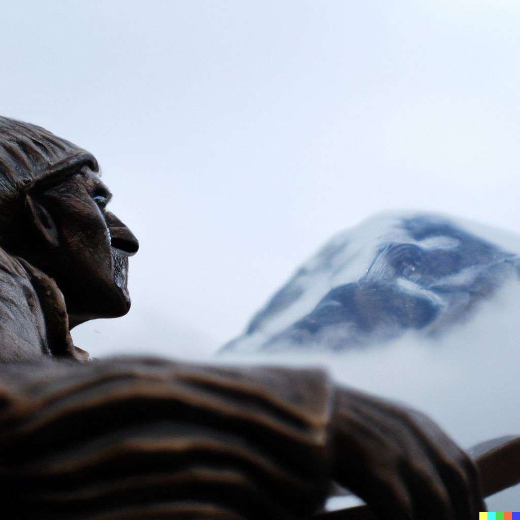 someone gazing at Mount Everest, bronze sculpture